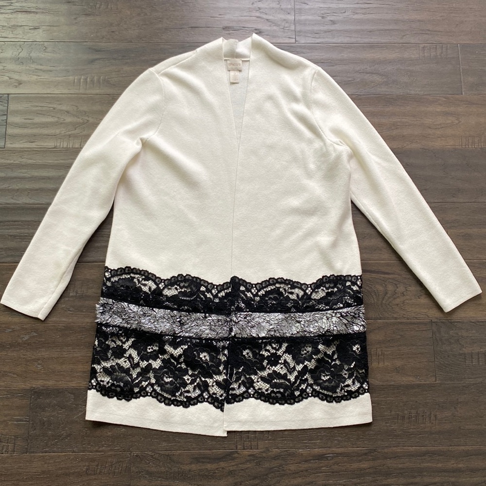 Chico's Cream Cardigan with Black Lace Trim Sz 2 (12)